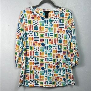 Ali Miles Colorful Geometric Print 3/4 Sleeve Tunic Top Small